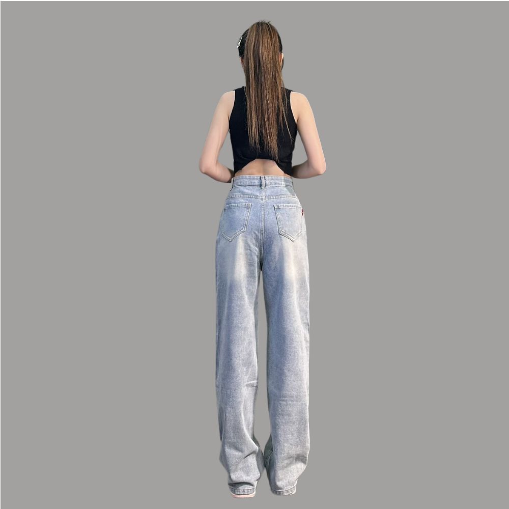 Quần jeans nữ ống suông lưng cao phối túi kiểu phong cách trẻ trung 4YOUNG QJ904