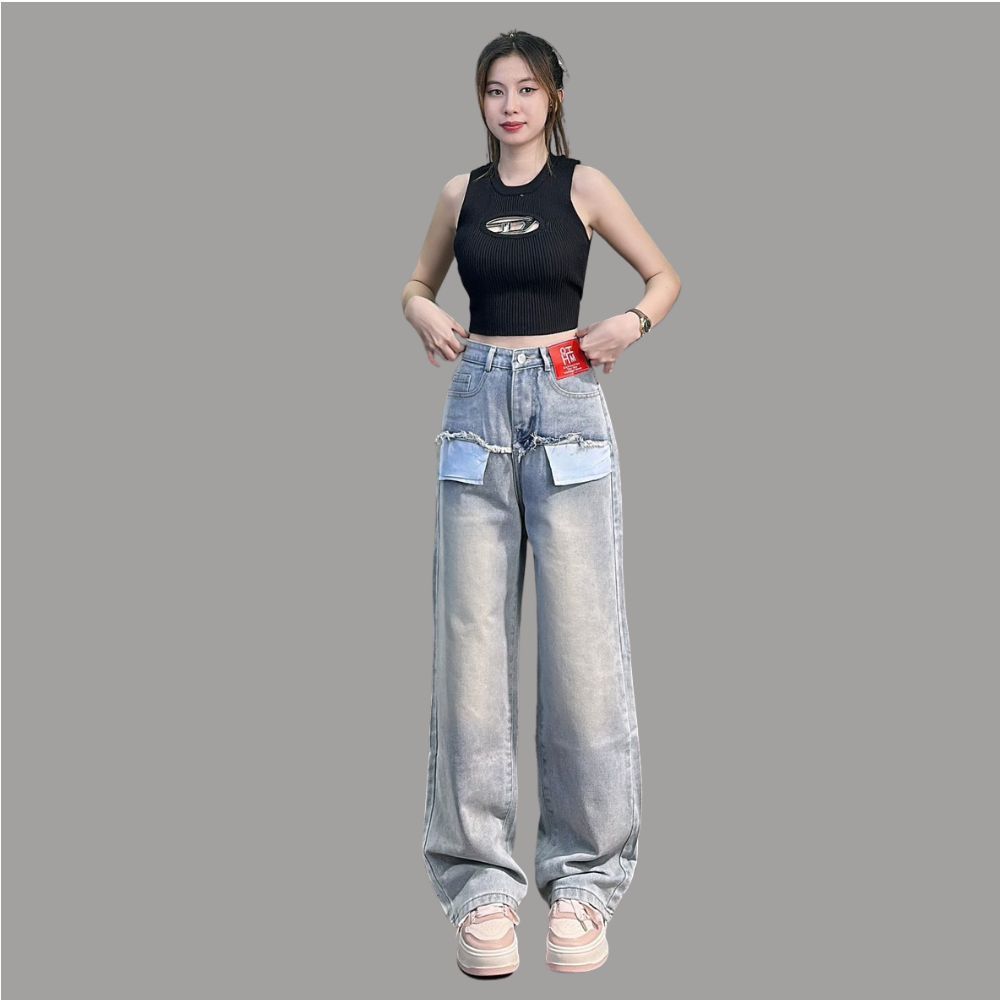 Quần jeans nữ ống suông lưng cao phối túi kiểu phong cách trẻ trung 4YOUNG QJ904