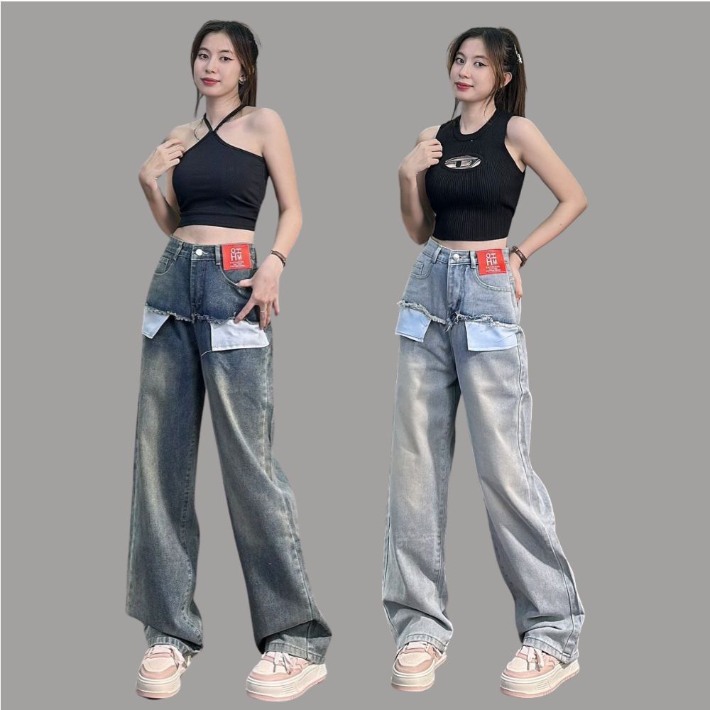 Quần jeans nữ ống suông lưng cao phối túi kiểu phong cách trẻ trung 4YOUNG QJ904