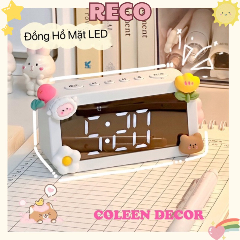 Đồng Hồ Cute Gắn Charm Mặt Kính LED Báo Thức Để Bàn Học Decor RECO