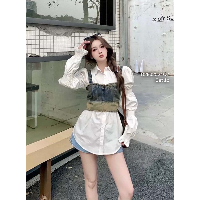 Set áo sơ mi trắng tay dài phối áo jean 2 dây sang trọng VIENS STORE