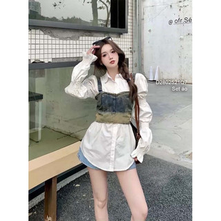 Set áo sơ mi trắng tay dài phối áo jean 2 dây sang trọng VIENS STORE