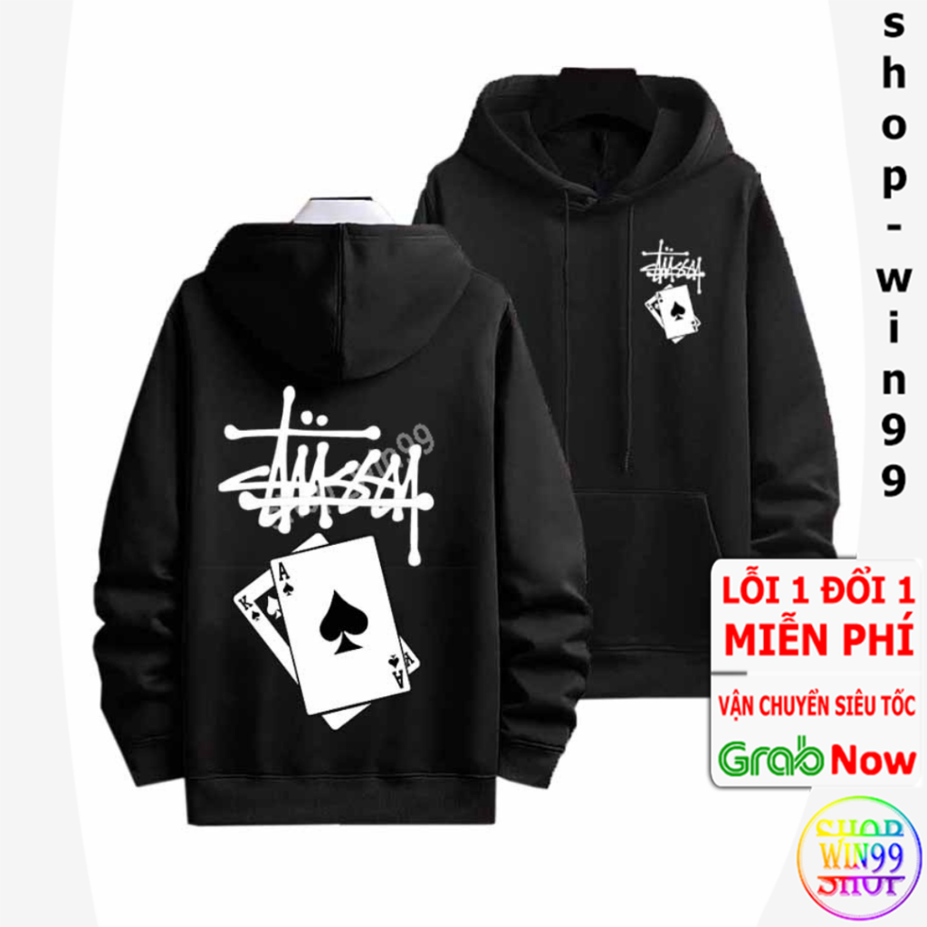 Áo hoodie stussy Lá Bài nỉ bông cotton thun phông nữ nam local brand cao cấp unisex hàn quốc hai màu đen xám - win99