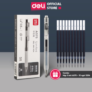 Combo Hộp 5 Bút Gel Deli A575 Mực Gel 0.5mm Kèm 10 Ruột Bút S206 Thay Thế Ngòi Mực Đen, Xanh, Đỏ
