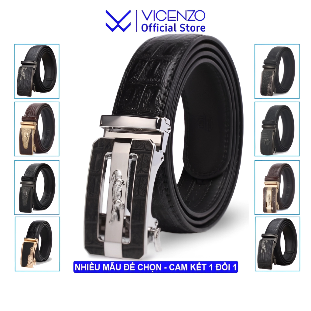 Dây Nịt Thắt Lưng Nam Da Bò Thật Ép Vân Cá Sấu Khóa Tự Động. Thắt Lưng Nam Da Bò Thật Chính Hãng Vicenzo Cao Cấp