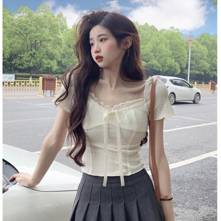 Áo kiểu coquette tay ngắn cổ tròn thắt nơ tiểu thư, Áo thun brandy chất xốp nhún 2 lớp hàn quốc ulzzang quảng châu LADY