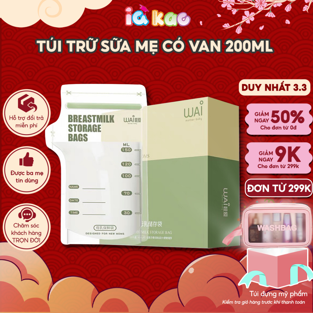 Hộp 30 túi trữ sữa mẹ có vòi 180ml, 200ml IQ Kao nhựa an toàn, khóa zip chống tràn tiện lợi, vạch chia dễ dàng sử dụng