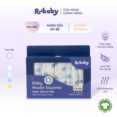 Khăn Sữa Em Bé 100% Cotton Tự Nhiên Rubaby | Chứng nhận GOTS | Mềm Mại Thoáng Mát Thấm Hút Tốt | Set 6 Chiếc
