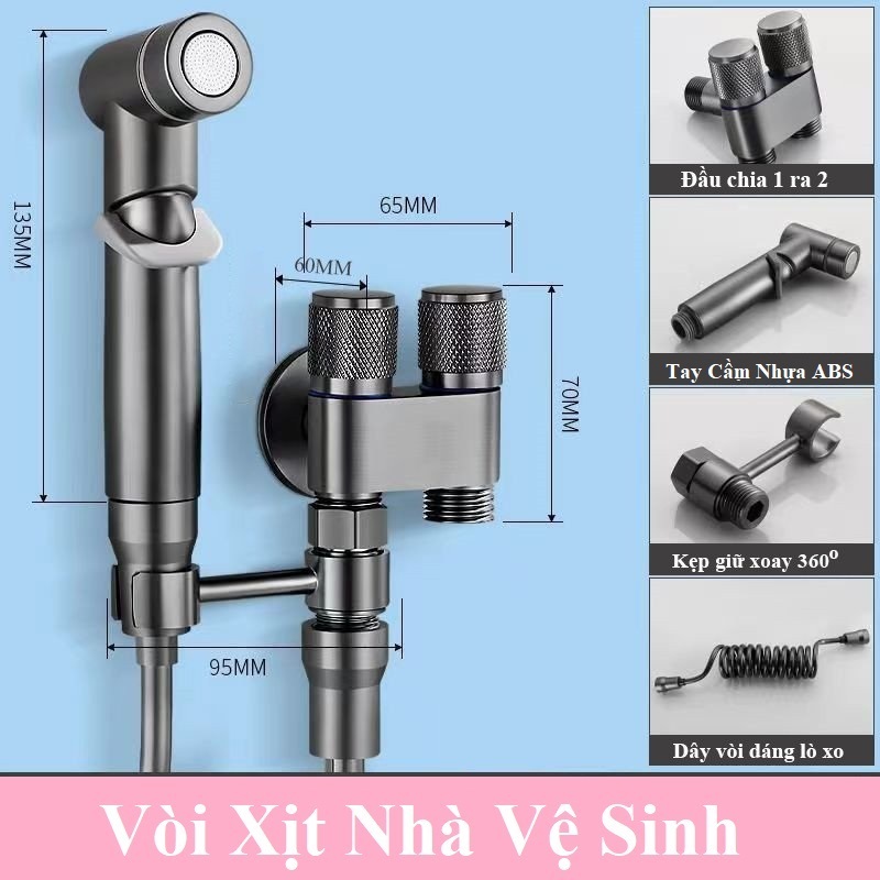 Vòi Xịt Vệ Sinh INOX304 Cao Cấp 2 Đường Nước Áp Lực Mạnh Dây Dài 1,5m - OENON