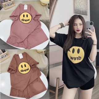 Bộ thể thao nam nữ unisex in mặt cười drew form rộng chất cotton mát mịn, Áo thun ngắn tay kèm quần short đùi ống rộng