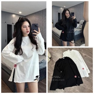Áo Thun Áo Phông Nữ Dài Tay Gấu Thêu Xẻ Vạt Rách Gấu Cotton Fom Rộng Dáng Giấu Quần Freesize ÁO GẤU RÁCH NỔI. NH58