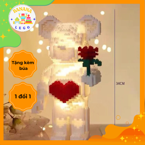 Bộ Lắp Ghép Lego Bearbrick 35cm, Trắng Tim Đỏ/ Hồng Tim Đỏ/ Trắng Cầm Hoa/ Trắng Tim Đen/ Tim Đỏ/ Caro Tim Đỏ