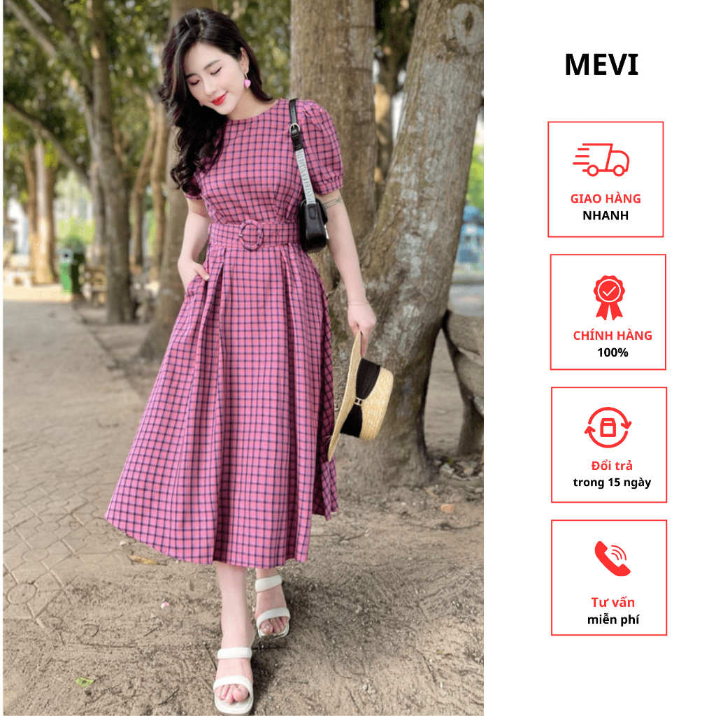 Đầm Váy thiết kế nữ kẻ xòe có đai sang chảnh, lịch sự _V2162