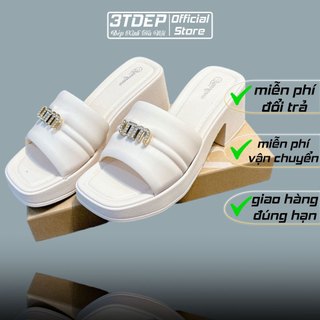 Dép Miu cao gót nữ mũi vuông 3TDEP, đế pvc 7cm, đính đá, lùi 1 size ôm chân hơn