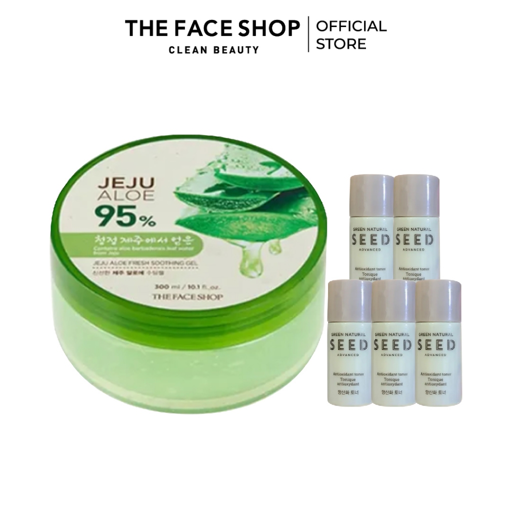 (Quà tặng) 5 Nước Cân Bằng chống lão hóa THE FACE SHOP Green Natural 5ml & Gel Dưỡng Jeju Aloe 300ml