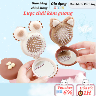Gương gấp kèm lược massage, Gương tròn gấp gọn tích hợp lược massage bỏ túi