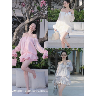 Đầm trễ vai tay dài đan ngực kèm quần
