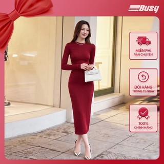 Váy Đầm Corset Dài Tay Nữ BUSY Thun Nhúng 2 Lớp Ôm Sát Khóa Sau VCS2