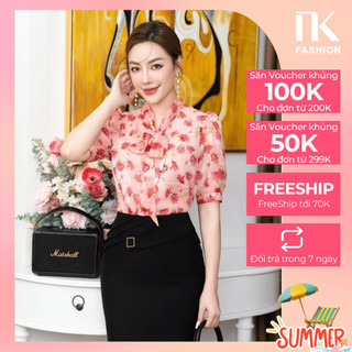 Áo Sơ Mi Hoa NK FASHION Tay Lỡ Buộc Nơ Cổ Nữ Tính Thanh Lịch Chất Liệu Cao Cấp Nhập Hàn Không Nhăn NKSM2302003