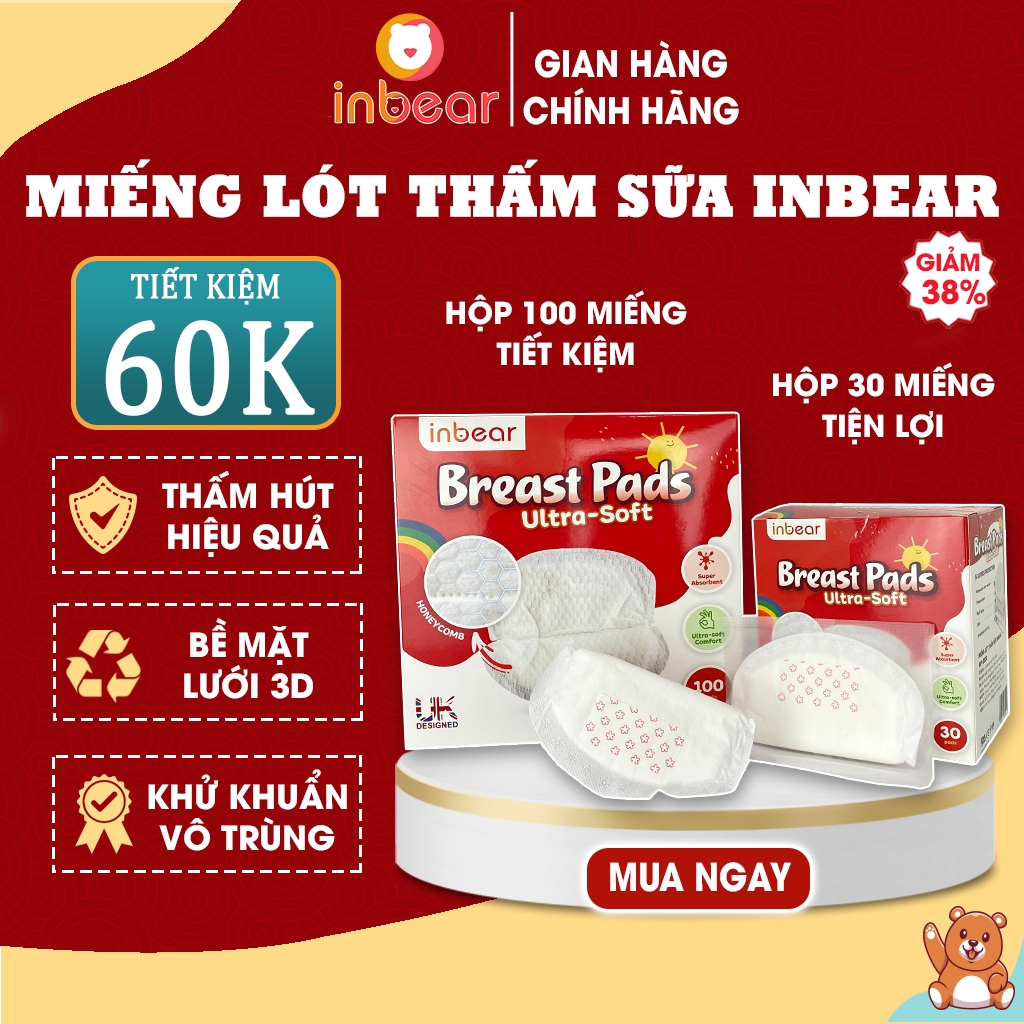 Miếng Lót Thấm Sữa Inbear, Miếng Thấm Sữa 5 Lớp Ôm Sát, Thấm Hút, Thoáng Khí, Thiết Kế Bề Mặt Dạng Lưới Tổ Ong Hiện Đại