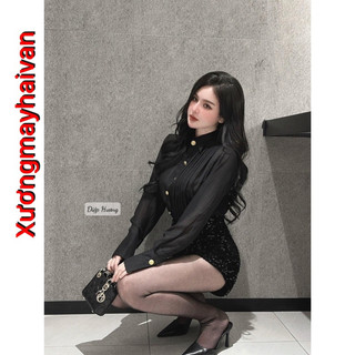 Hv -áo sơ mi voan xếp ly khuy vàng dài tay siêu hot 2024