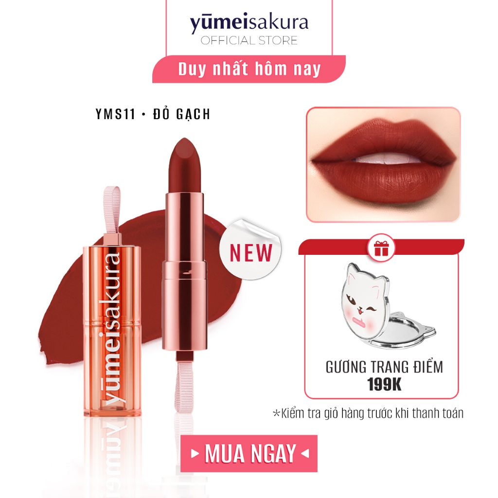 Son Thỏi Màu Đỏ Gạch Lì Mịn Siêu Dưỡng Yumeisakura Chotto Matte Kiss Me Maroon Lipstick YMS11 3.5g