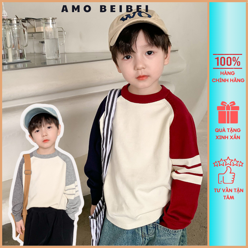 Áo len bé trai Ambb.kids phong cách Hàn Quốc,thiết kế cổ tròn tay dài phối màu đỏ, xám ,kiểu dáng thời trang, cá tính