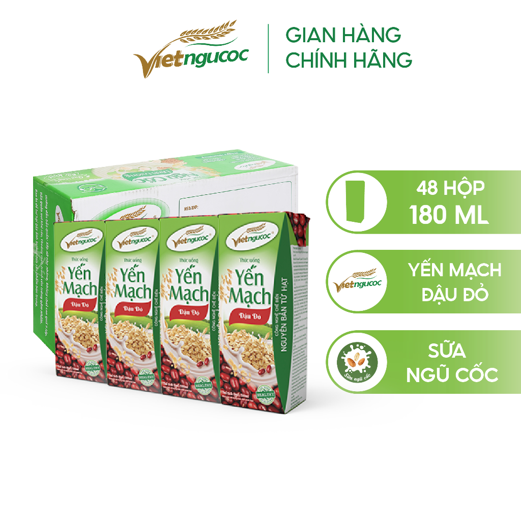 Thùng 48 Hộp Sữa Yến Mạch Đậu Đỏ VIỆT NGŨ CỐC Giàu Chất Xơ Tốt Cho Sức Khỏe Dùng Uống Liền 180ml/Hộp
