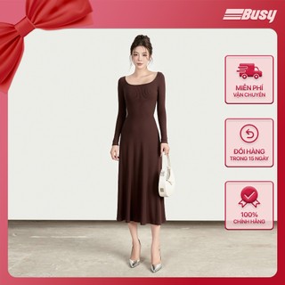 Váy Dài Tay Nữ Cổ U Xòe BUSY Thun Tăm Rayon Co giãn VDT7