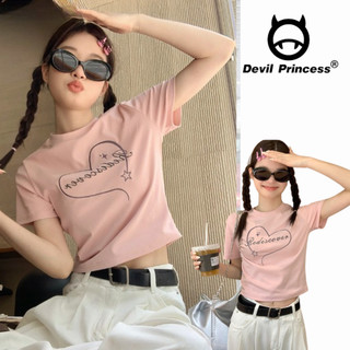 Áo thun nữ màu hồng in hình trái tim dễ thường DELIZ dáng croptop tay ngắn mùa hè Devil Princess