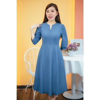 Đầm xòe trung niên Cổ tròn khoét V kết nút tay lỡ màu Xanh ghi TTV Store thời trang nữ TTV1554