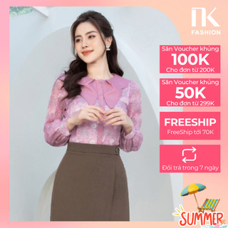 Áo Sơ Mi Nữ Công Sở Cổ Nơ Xếp Kiểu NK Fashion Tay Dài Hoạ Tiết Hoa Sang Trọng Thiết Kế 2 Lớp Dày Dặn NKSM2209004