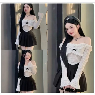 áo kiểu trễ vai vải xốp lụa thắt nơ đen