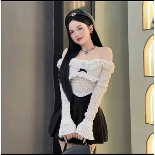 áo kiểu trễ vai vải xốp lụa thắt nơ đen