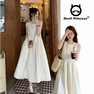 Váy trắng nữ sát nách dáng dài tiểu thư nhẹ nhàng cổ tròn đơn giản trơn xòe DELIZ hàng quảng châu Devil