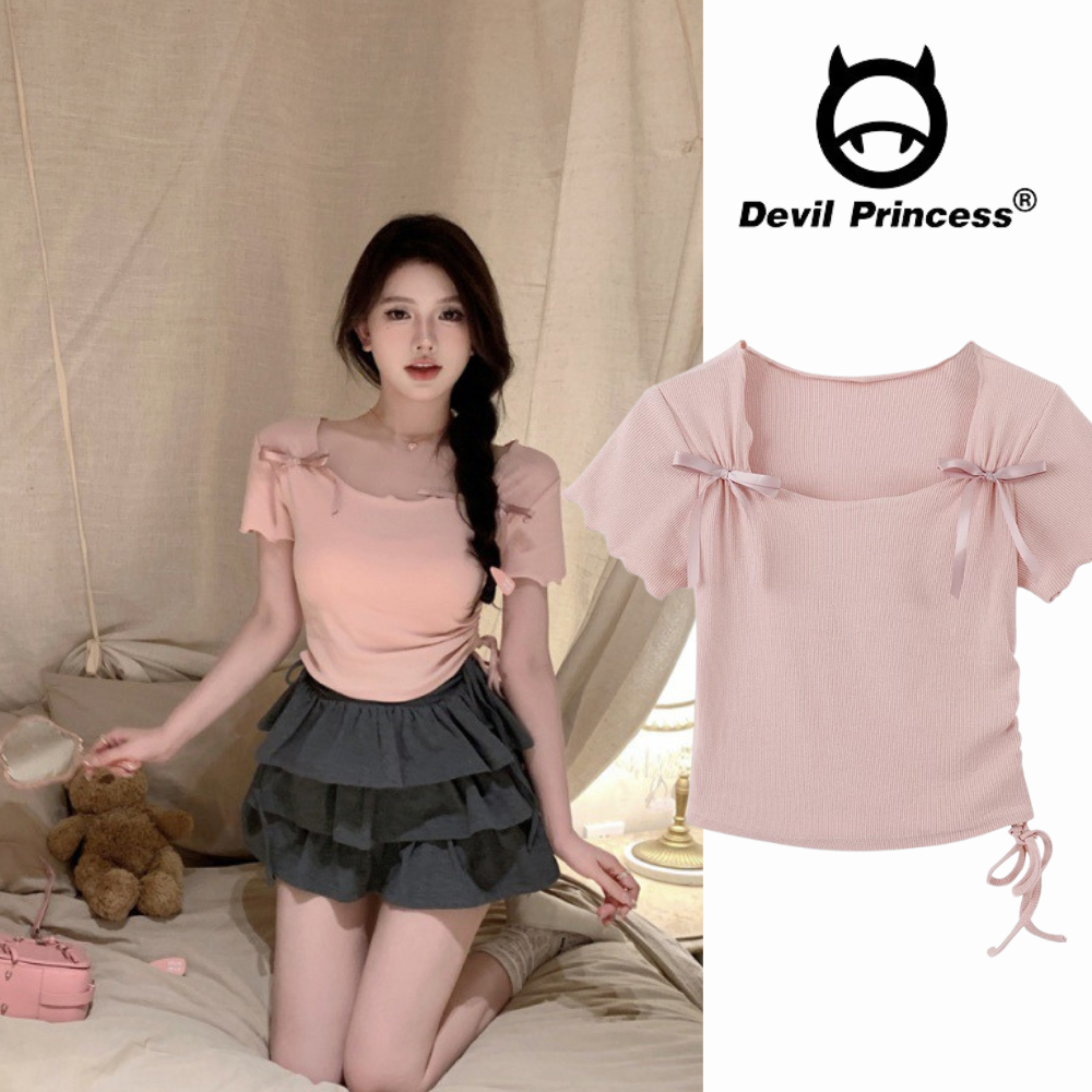 Áo croptop nữ màu hồng pastel phối nơ nhẹ nhàng kiểu brandy DELIZ thời trang nữ xuân hè Devil Princess