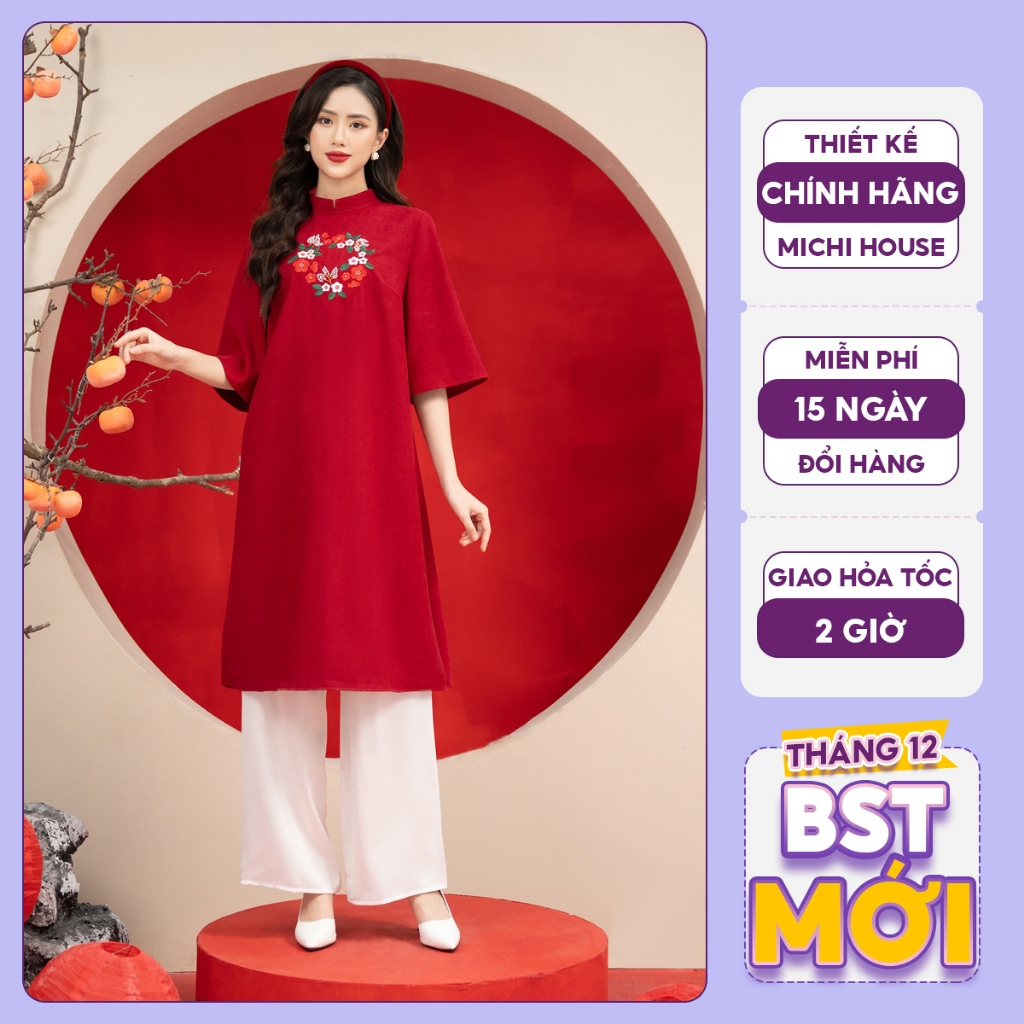 Áo Dài Tết Cách Tân Suông A Dáng Dài Qua Gối Michi House Váy Xuông Màu Đỏ Phong Cách Truyền Thống Tay Dài Freesize V550