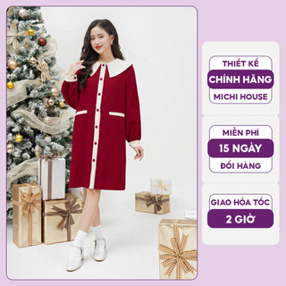 Đầm Đỏ Mặc Tết Sang Trọng Dáng Suông A Michi House Váy Nhung Xuông Thu Đông Dáng Dài Đến Gối Freesize Bầu Mặc Xinh V538