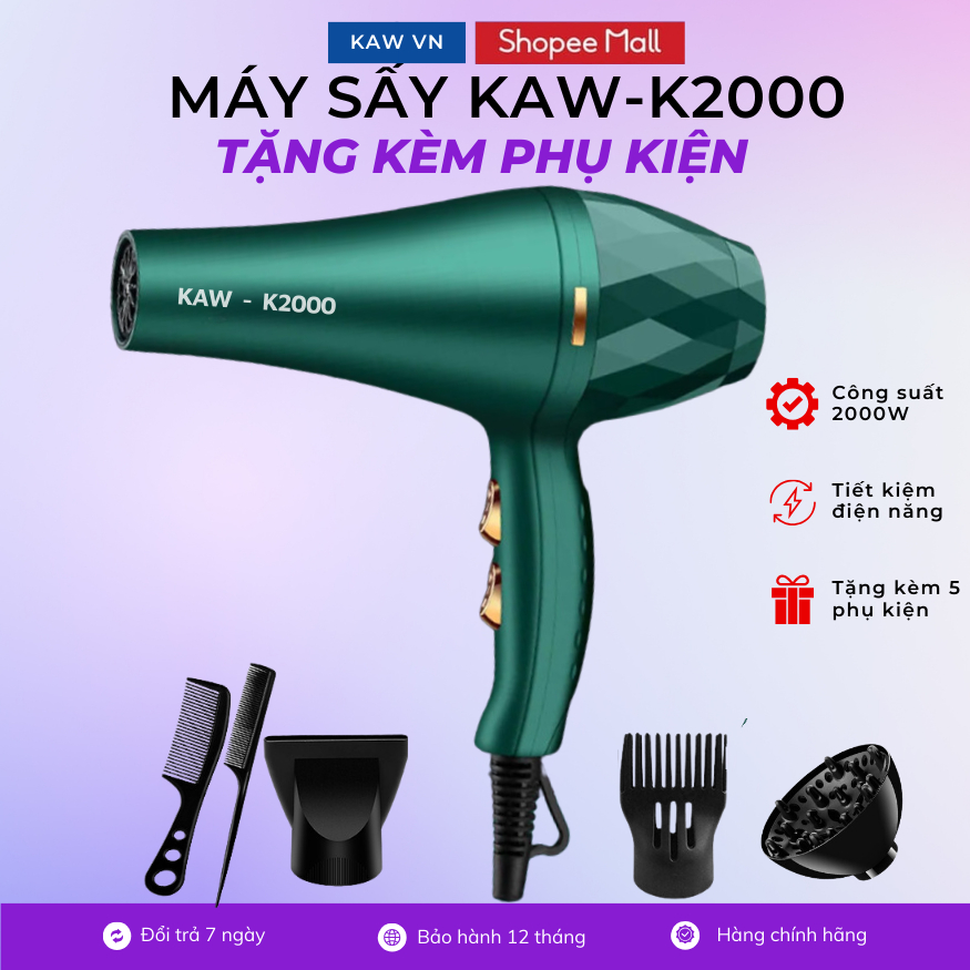 Máy sấy tóc mặt nhám KAW- K2000 DELIYA, Bảo vệ tóc, Chống khô tóc, tặng kèm phụ kiện tạo kiểu tóc