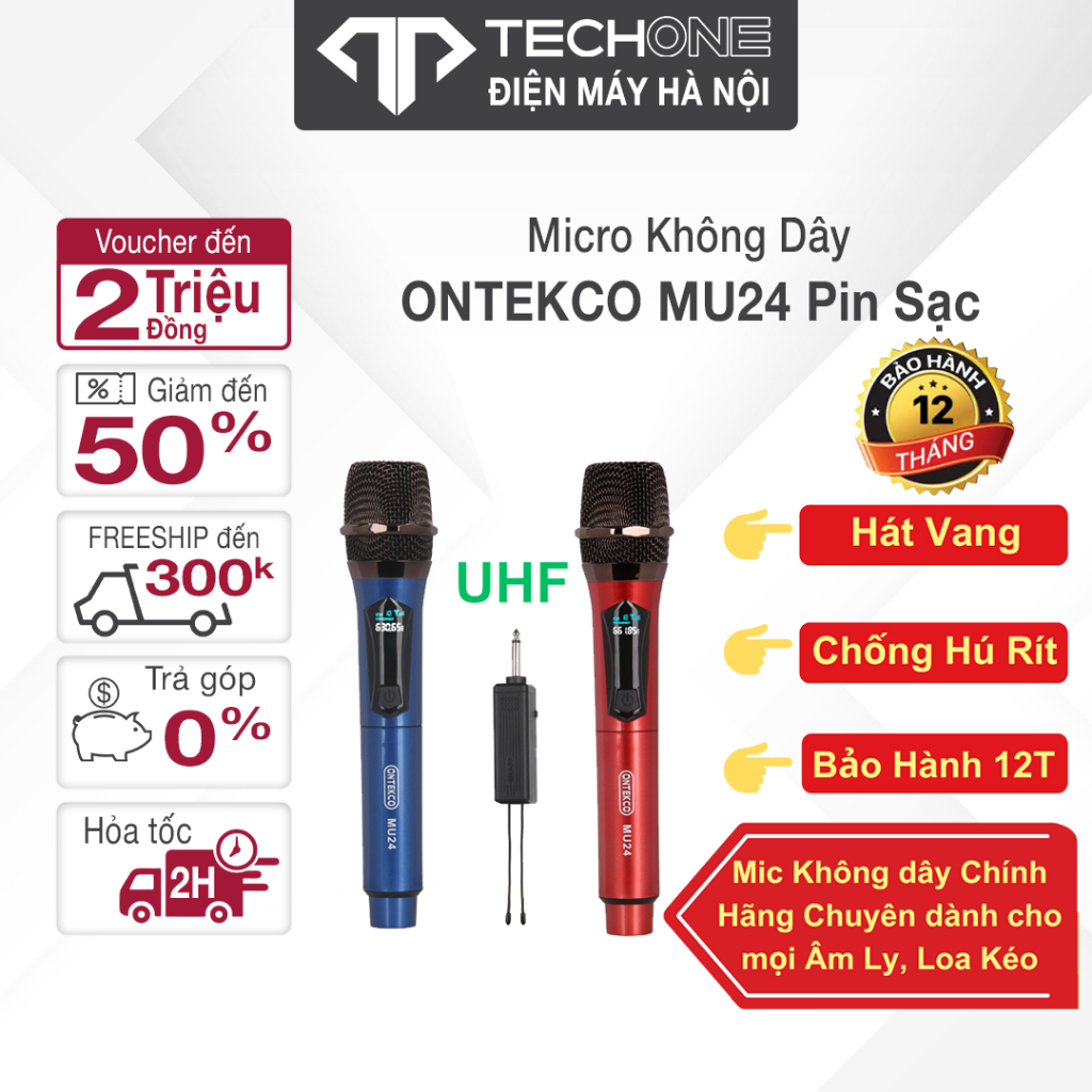 Micro Karaoke ONTEKCO MU24 không dây UHF cao cấp, hiển thị tần số, chuyên dụng cho loa kéo và amply