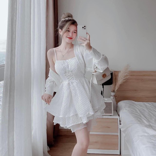 Set đầm hai dây trắng đan ngực kèm khoát