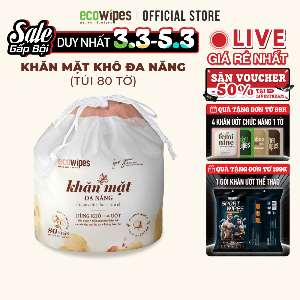 Khăn Mặt Khô Đa Năng Cao Cấp Ecowipes Cuộn 80 Tờ Không Mùi Size Khăn 20X20Cm