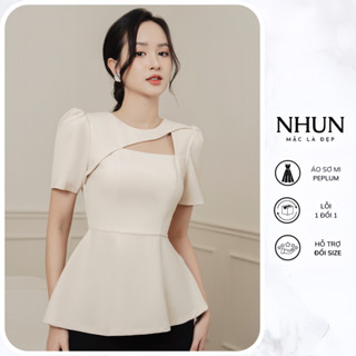 Áo đáp chéo cut out peplum NhunFashion sơ mi kiểu thiết kế tay bồng chít eo vạt chéo công sở thanh lịch N141