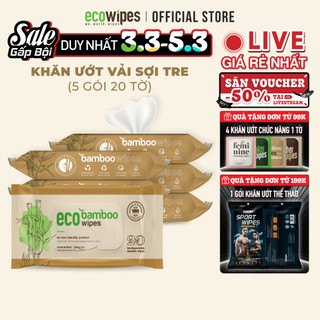 EcoWipes Combo 05 gói 20 tờ khăn ướt vải sợi tre kháng khuẩn cao cấp ecoBamboo không mùi