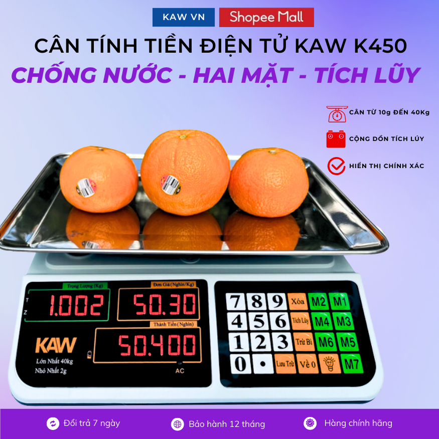 Cân điện tử tính tiền KAW 40kg K450, sử dụng trong kinh doanh, Bảo hành chính hãng