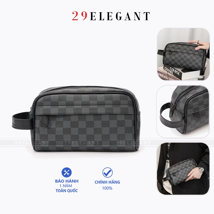 Túi Da Cầm Tay Sang Trọng, Chất Liệu Da Dày Chống Nước, Họa Tiết Caro In Chìm, Hàng Nhập Chất Lượng