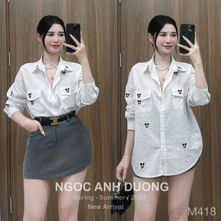 Áo sơ mi nữ thêu họa tiết gấu from rộng dễ phối đồ siêu xinh,sơ mi nữ hàn quốc