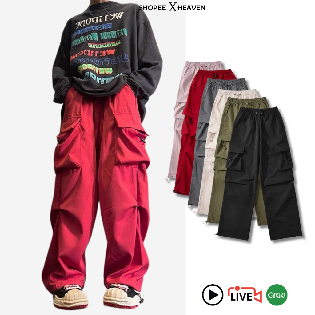 Quần túi hộp ống rộng nam nữ The Heaven kaki cotton,dây rút jogger bigzise, đỏ, đen, trắng, xám, be, hồng, xanh rêu 2024