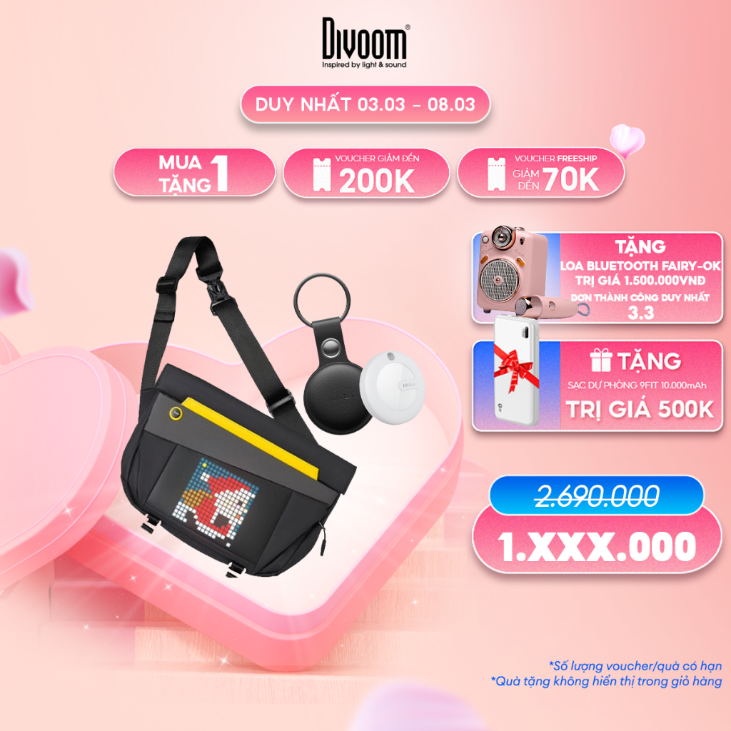 Combo Túi Divoom Pixoo SlingBag V hiển thị màn hình Led và MiTag HD-P16 Thiết Bị Định Vị