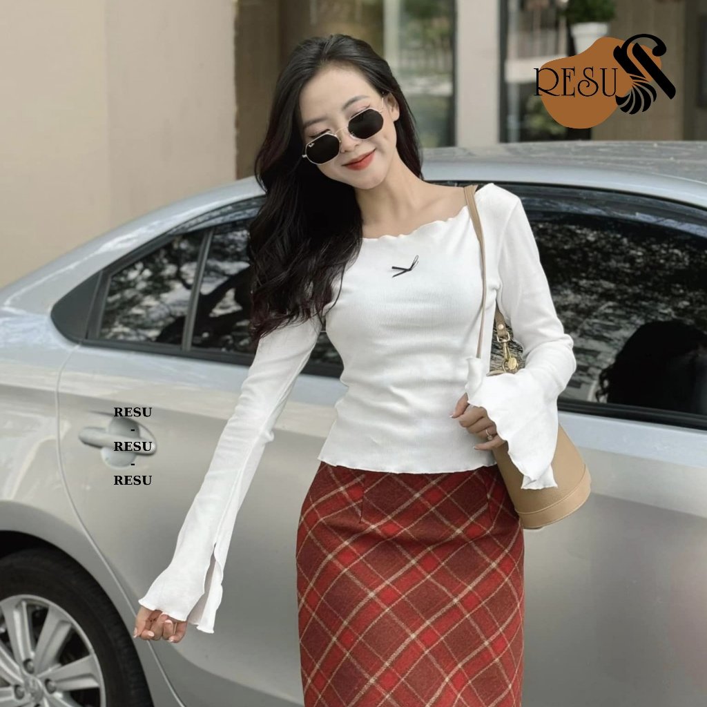Áo Kiểu Tay Dài Cổ Thuyền Chất Thun Gân Dày Dặn Dáng Ôm Nơ Kiểu RESU